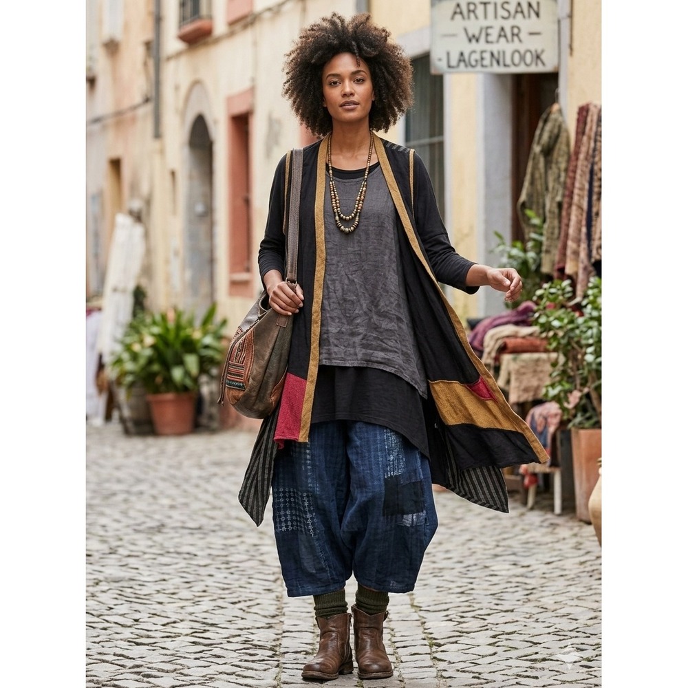 Khangura Women XL Longline Vest Linen Blend Lagenlook Mixed Media Open Front USA